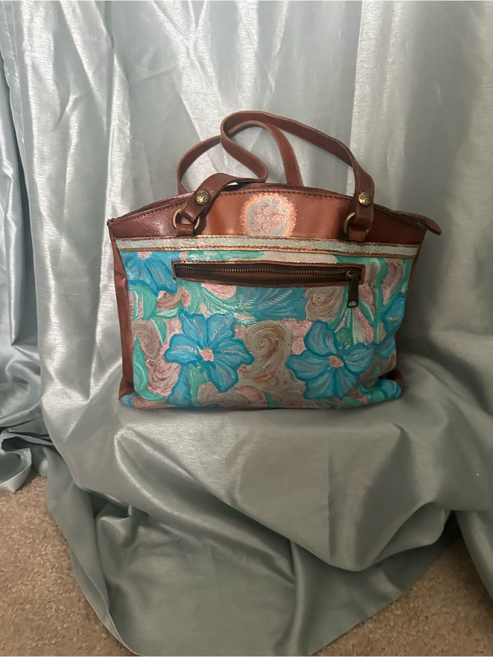 Artist Hand-Painted Floral Patricia Nash Leather Tote Bag - Turquoise & Brown